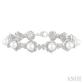 6 MM Cultured Pearl and 1/6 Ctw Single Cut Diamond Bracelet in Sterling Silver